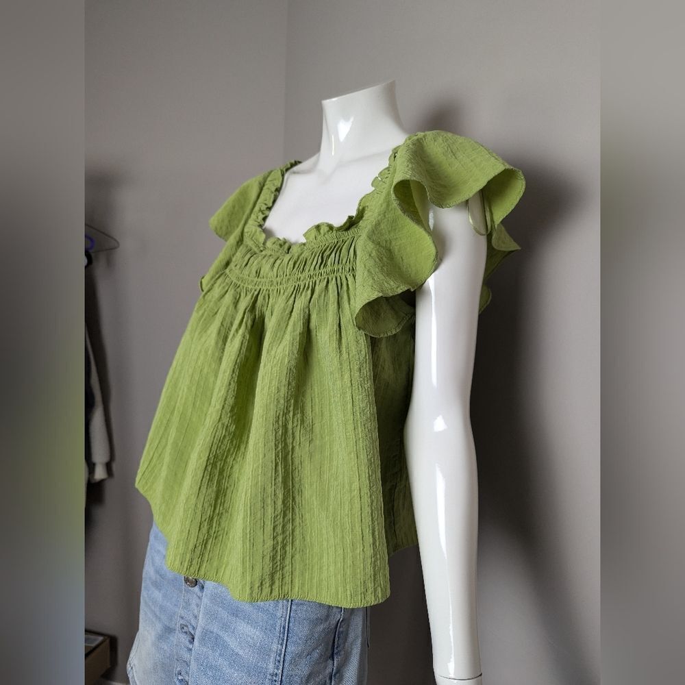 Mango women's top Peasant Texture blouse Green flowy ruffled S - Picture 5 of 7